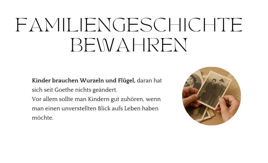 Familiengeschichte bewahren – Erinnerungen lebendig halten Hand hält altes Familienfoto – Symbol für Familiengeschichte bewahren, Wurzeln und Flügel für Nachkommen